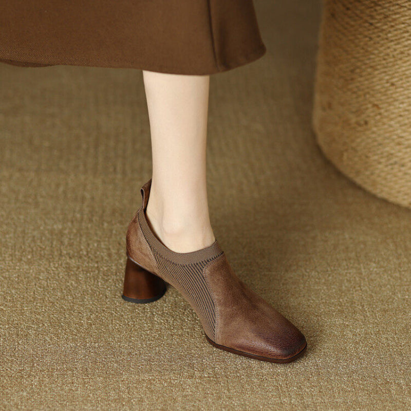 Ortho Welt Square High Leather Heels With A Unique Patchwork Design