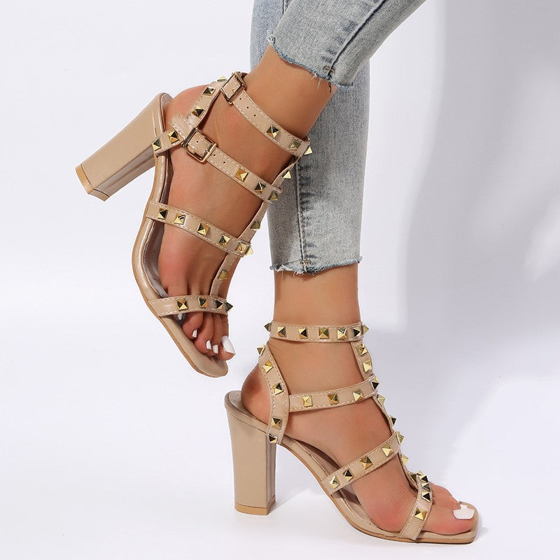 Ortho Welt Rivet Sandals With Square Heels - Gladiator Elegance
