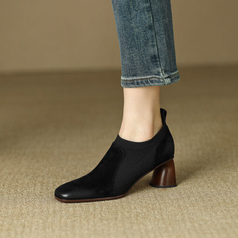 Ortho Welt Square High Leather Heels With A Unique Patchwork Design