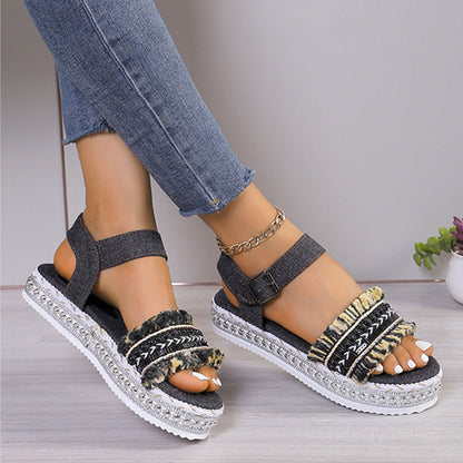 Ortho Welt Denim Sandals With Fringe, Ethnic And Unique Style For Summer