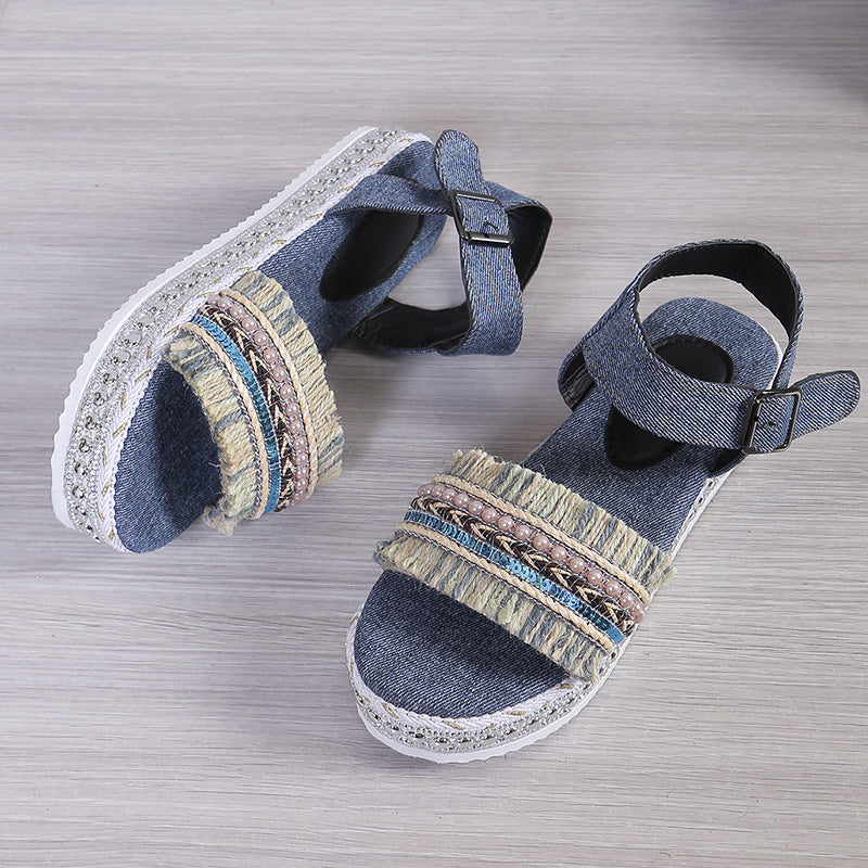 Ortho Welt Denim Sandals With Fringe, Ethnic And Unique Style For Summer