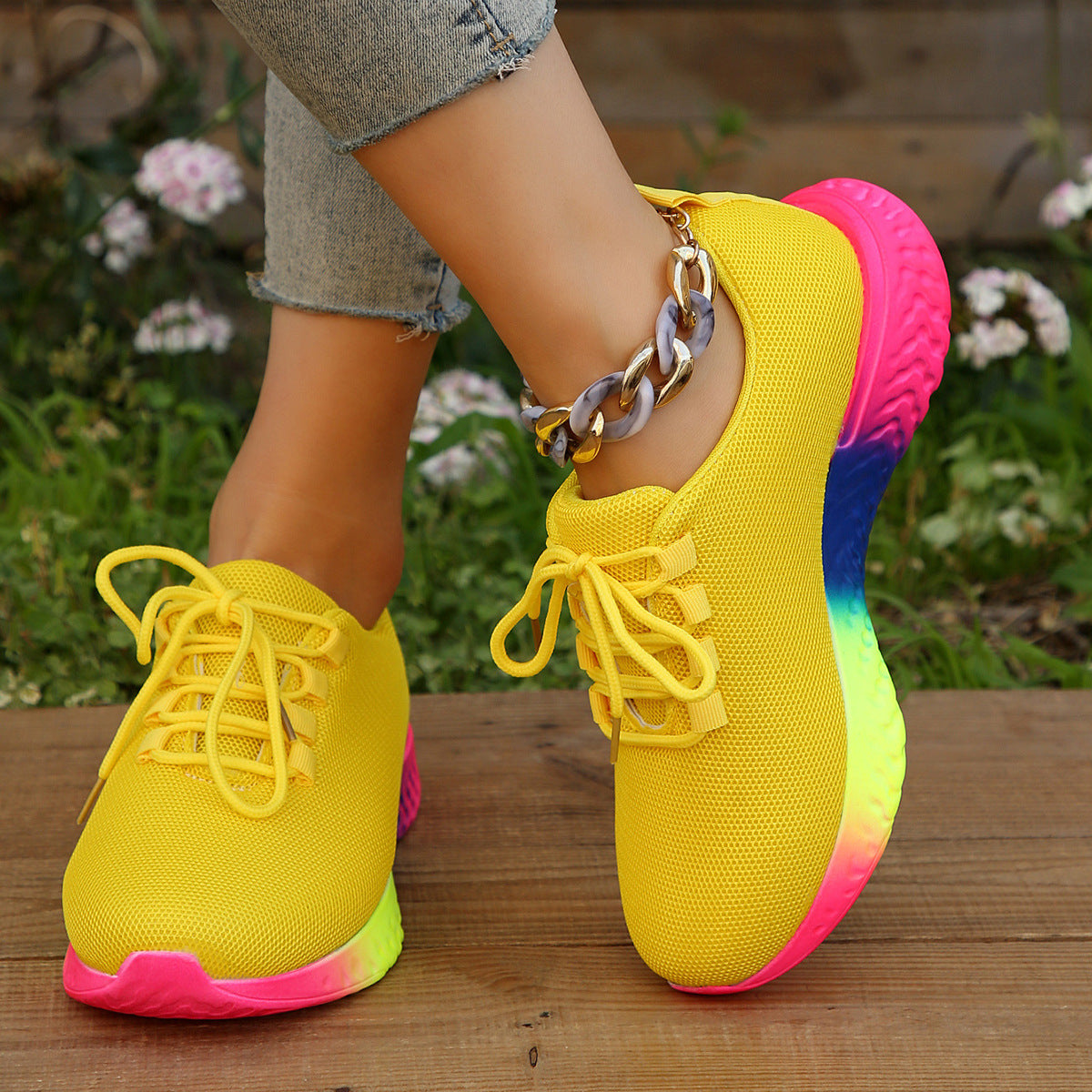 Ortho Welt Lace-Up Mesh Shoes With Rainbow Sole