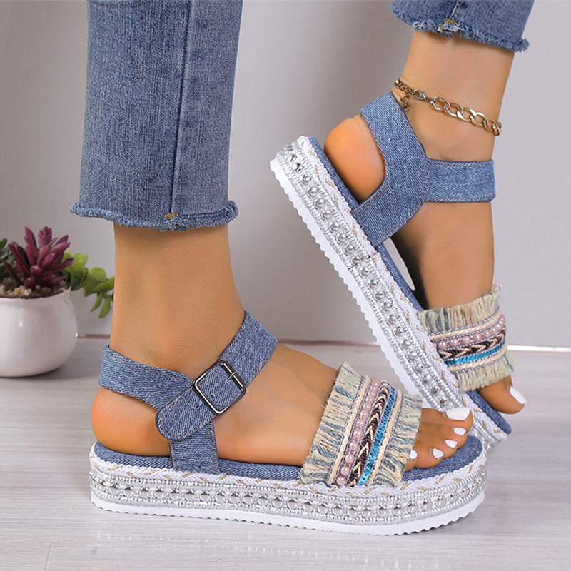 Ortho Welt Denim Sandals With Fringe, Ethnic And Unique Style For Summer