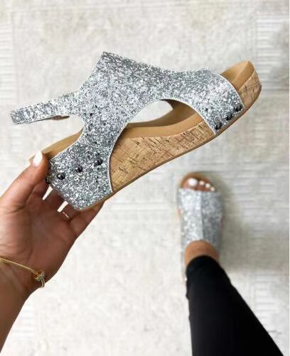 Ortho Welt Summer Chunky Heel Sandals With Sequins And Velcro