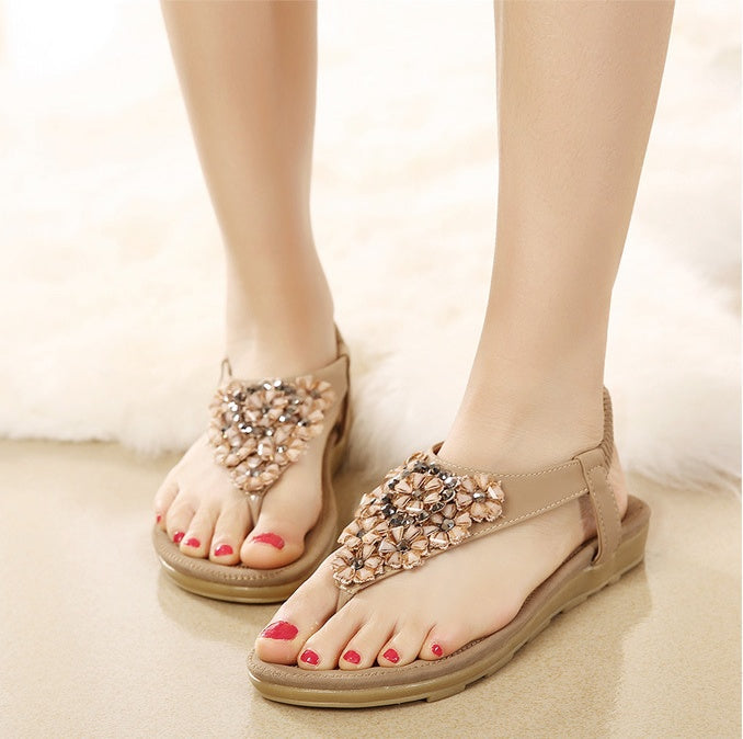 Ortho Welt Summer Sandals With Rhinestones And Flowers - Plus Size