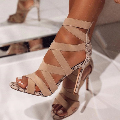 Ortho Welt Snake Print Stiletto Sandals With Criss-Cross Straps