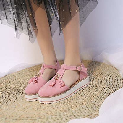 Ortho Welt Round High Heel Sandals With Fringe - Unique Elegance