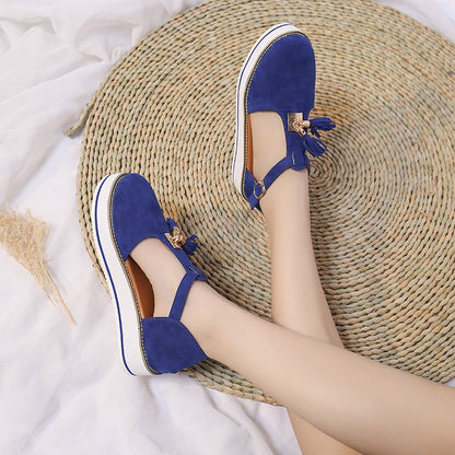Ortho Welt Round High Heel Sandals With Fringe - Unique Elegance