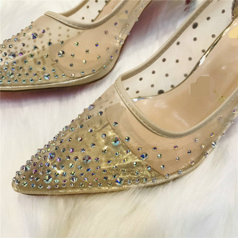 Ortho Welt Transparent Mesh High Heels With Rhinestones