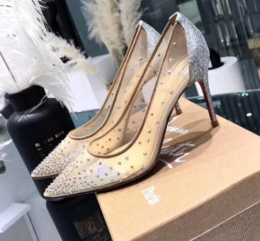 Ortho Welt Transparent Mesh High Heels With Rhinestones