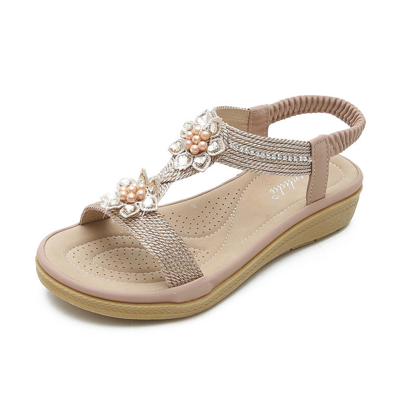Ortho Welt Boho Flat Sandals With Unique Flowers And Rhinestones
