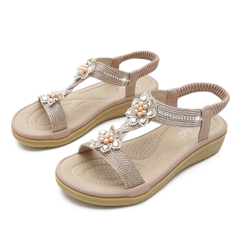 Ortho Welt Boho Flat Sandals With Unique Flowers And Rhinestones