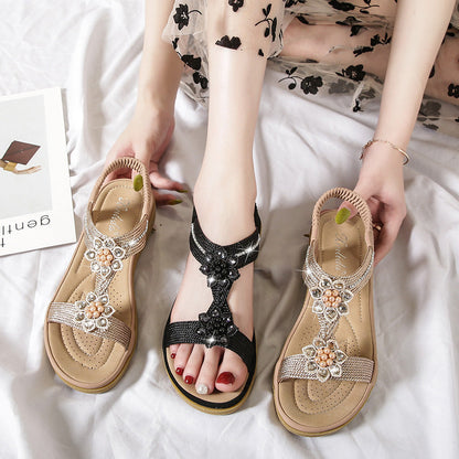 Ortho Welt Boho Flat Sandals With Unique Flowers And Rhinestones