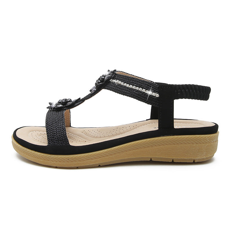 Ortho Welt Boho Flat Sandals With Unique Flowers And Rhinestones