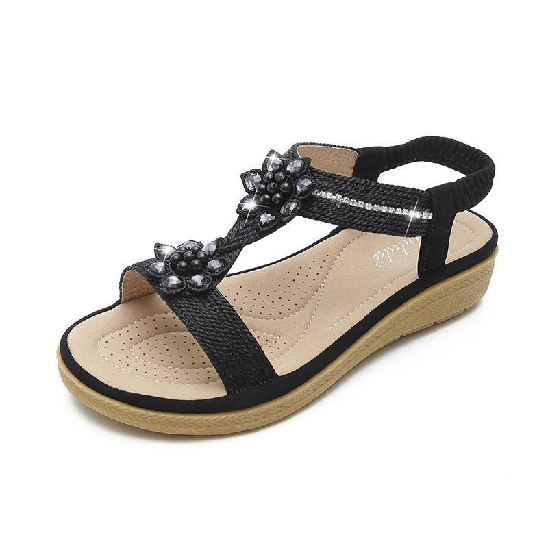 Ortho Welt Boho Flat Sandals With Unique Flowers And Rhinestones