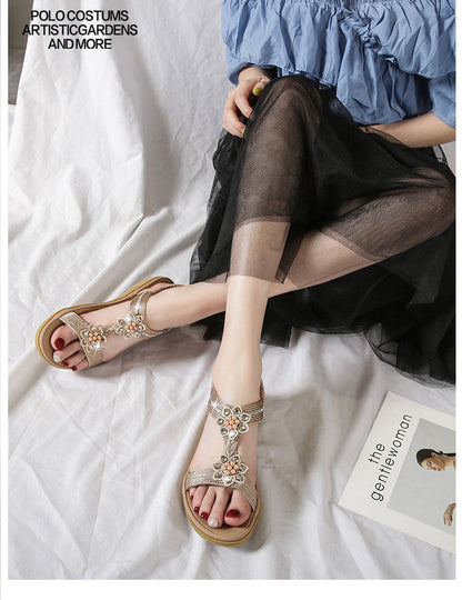 Ortho Welt Boho Flat Sandals With Unique Flowers And Rhinestones