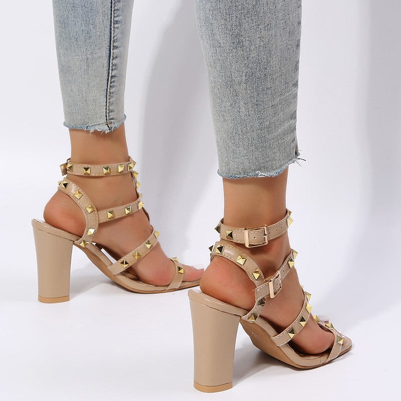 Ortho Welt Rivet Sandals With Square Heels - Gladiator Elegance