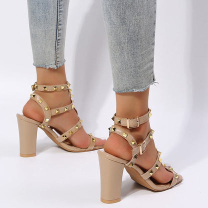 Ortho Welt Rivet Sandals With Square Heels - Gladiator Elegance