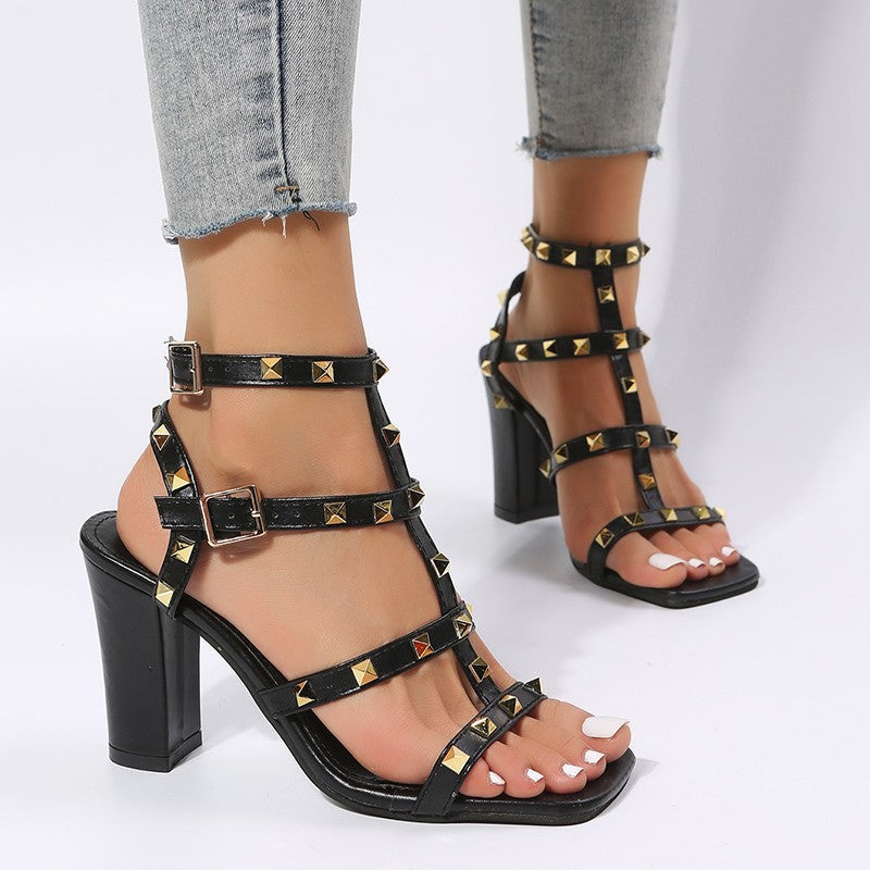 Ortho Welt Rivet Sandals With Square Heels - Gladiator Elegance