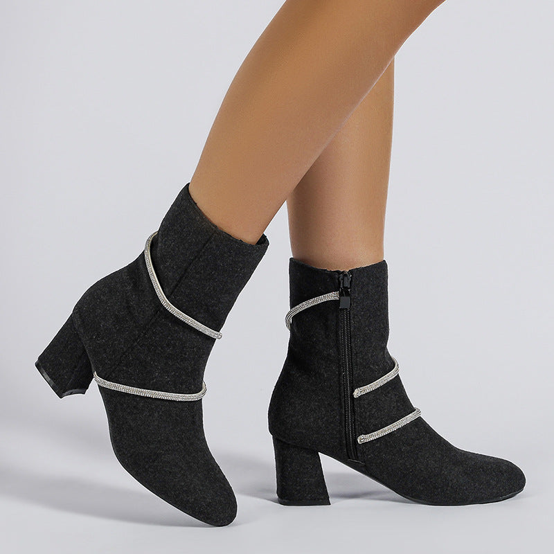 Ortho Welt Mid-Heel Boots With Rhinestone Chain - Unique And Elegant