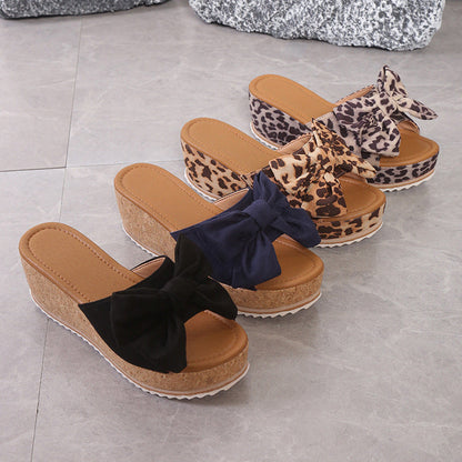 Ortho Welt Wedge Slippers - Orthopedic Leopard Bow