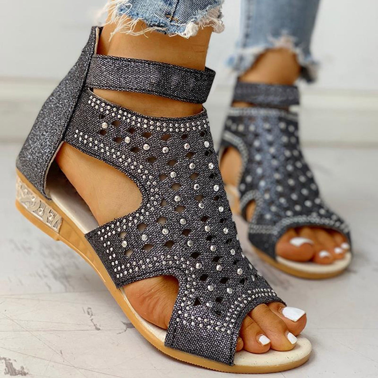 Ortho Welt Summer Rhinestone Sandals With A Unique Back Zip Design