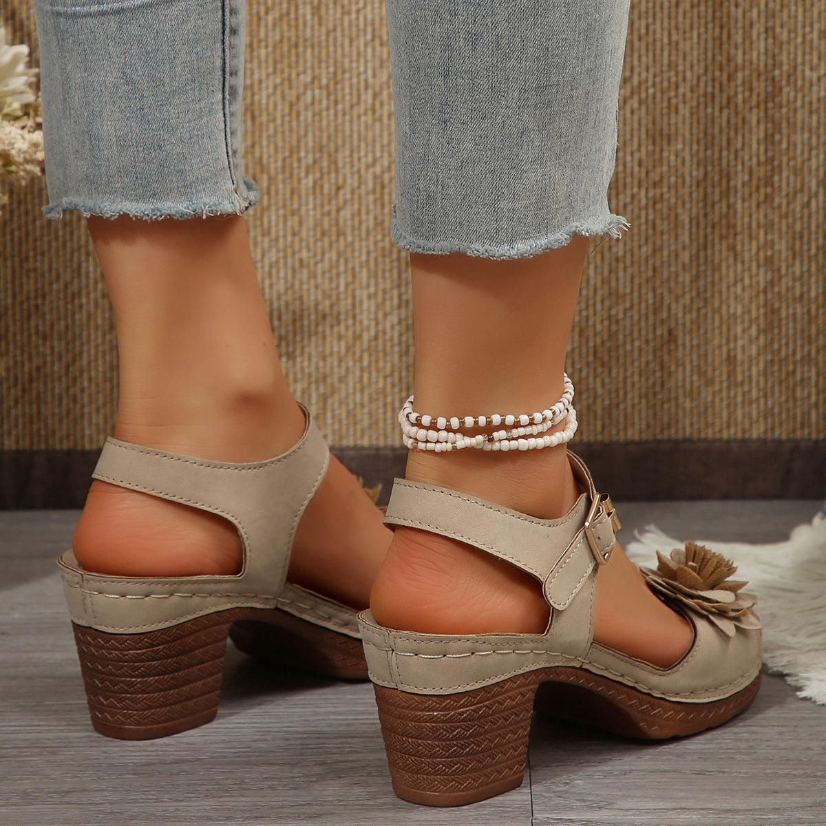 Ortho Welt Floral Chunky Heel Sandals - One Size Fits All