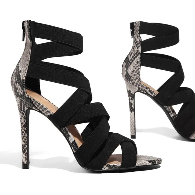 Ortho Welt Snake Print Stiletto Sandals With Criss-Cross Straps