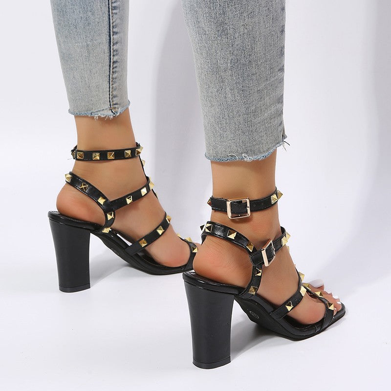 Ortho Welt Rivet Sandals With Square Heels - Gladiator Elegance