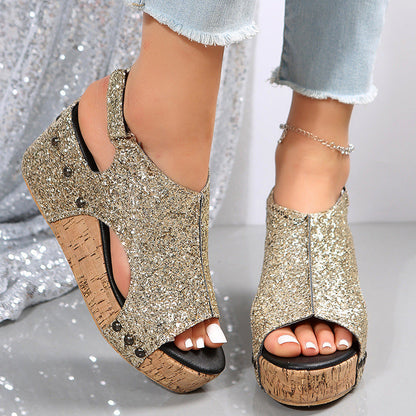 Ortho Welt Summer Chunky Heel Sandals With Sequins And Velcro