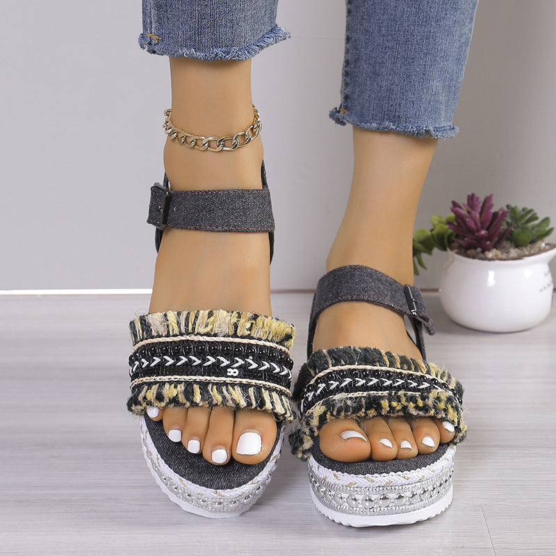 Ortho Welt Denim Sandals With Fringe, Ethnic And Unique Style For Summer