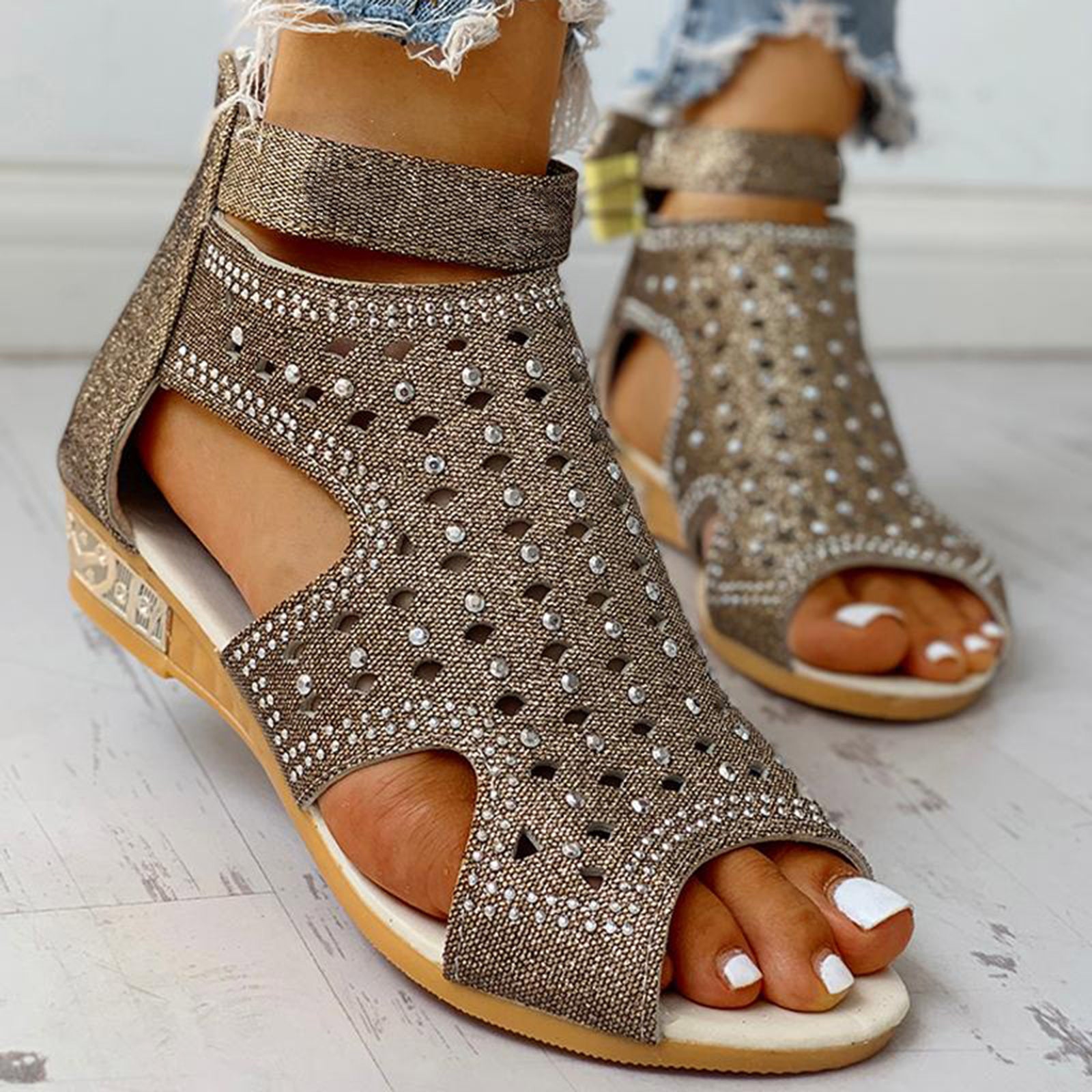 Ortho Welt Summer Rhinestone Sandals With A Unique Back Zip Design