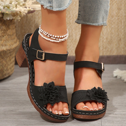 Ortho Welt Floral Chunky Heel Sandals - One Size Fits All