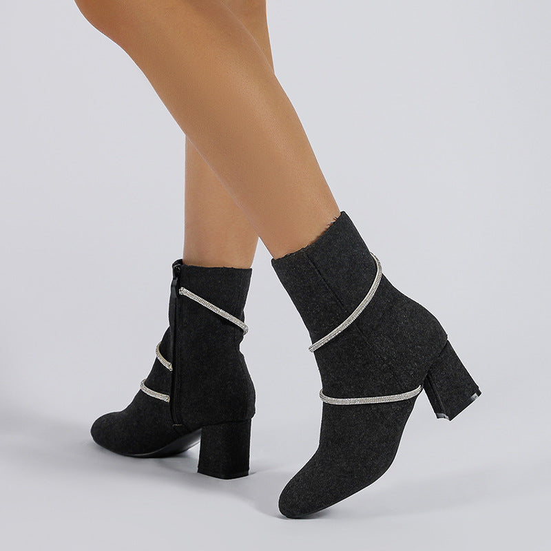 Ortho Welt Mid-Heel Boots With Rhinestone Chain - Unique And Elegant