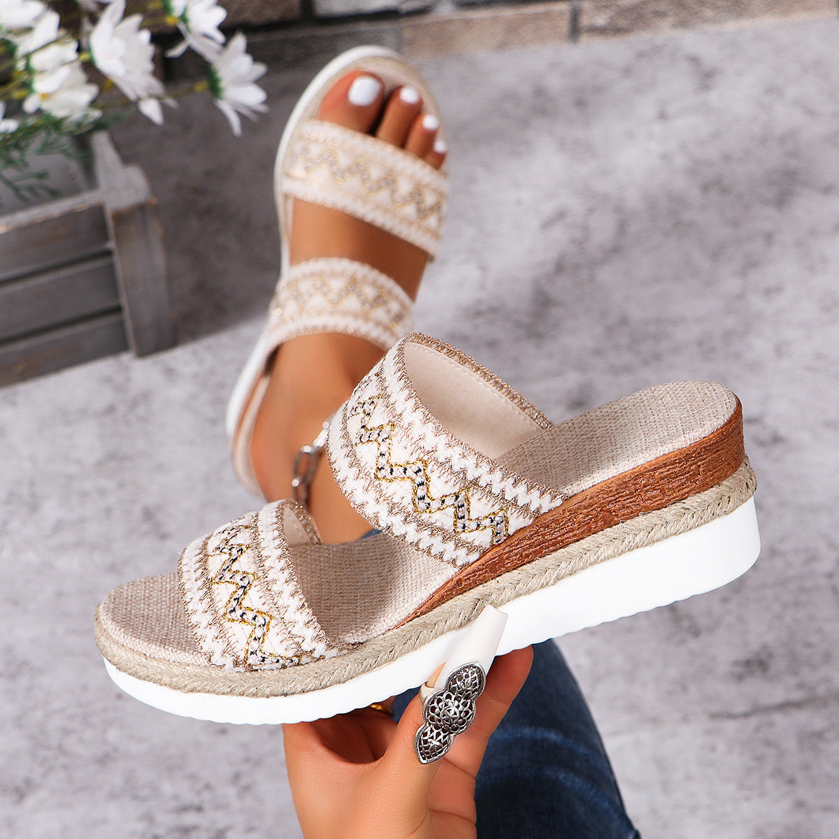 Ortho Welt Woven Sandals With A Wavy Pattern - Unique Ethnic Style