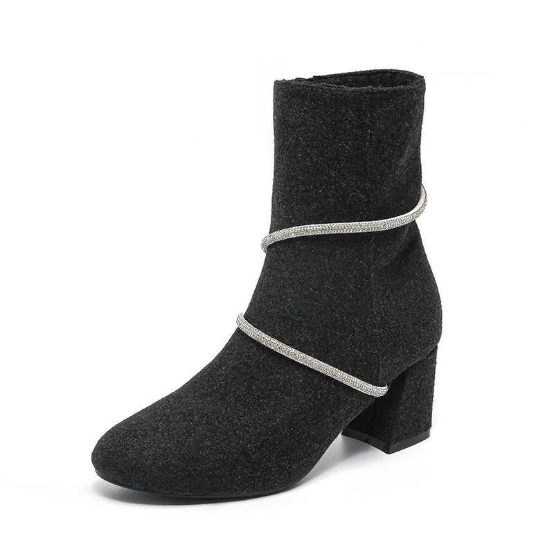 Ortho Welt Mid-Heel Boots With Rhinestone Chain - Unique And Elegant