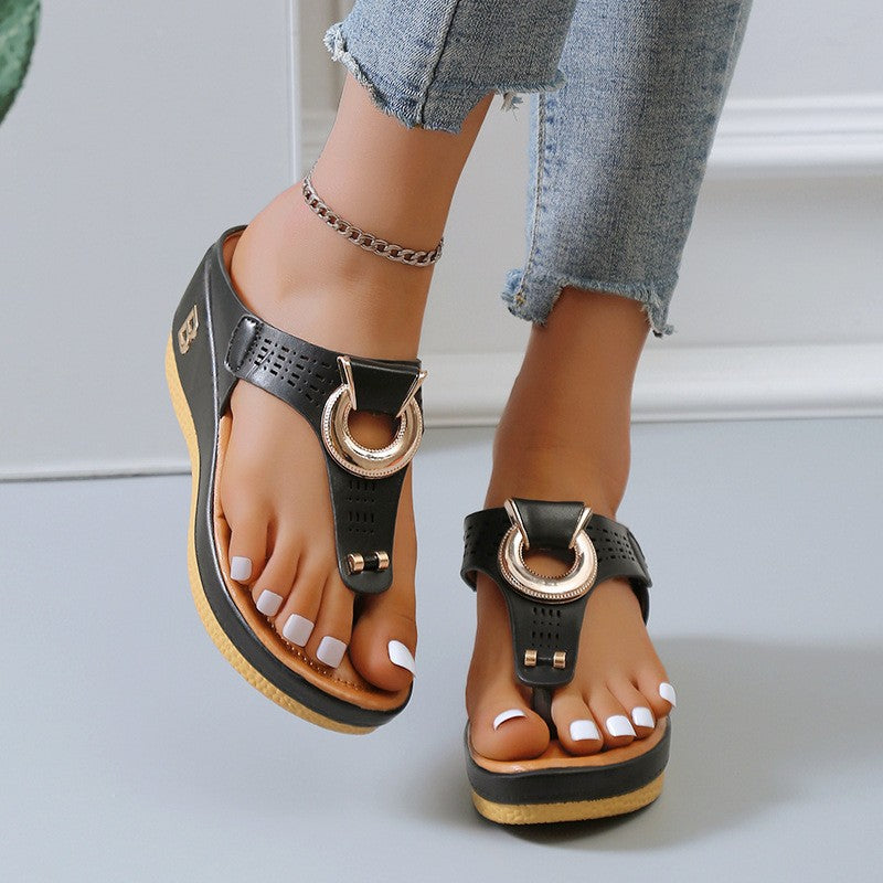 Ortho Welt High Heel Thong Sandals With Metallic Decorations