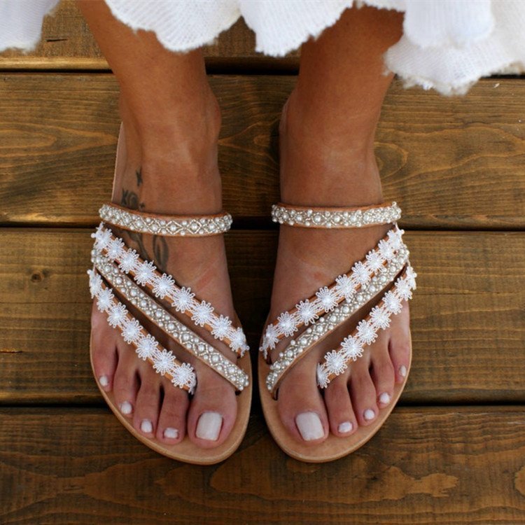 Ortho Welt Boho Mule Sandals With Rhinestones - Unique Elegance