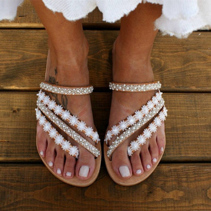 Ortho Welt Boho Mule Sandals With Rhinestones - Unique Elegance