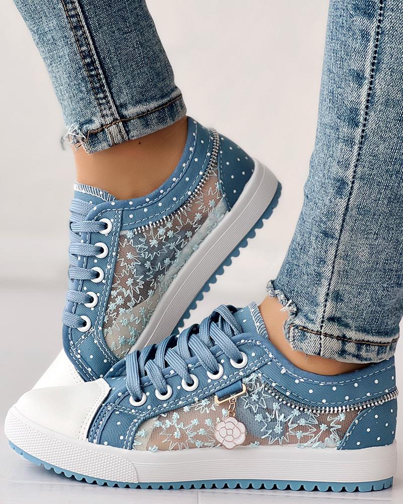 Calista | Denim-Sneaker zum Schnüren – Atmungsaktives Mesh-Design mit Blumenmuster