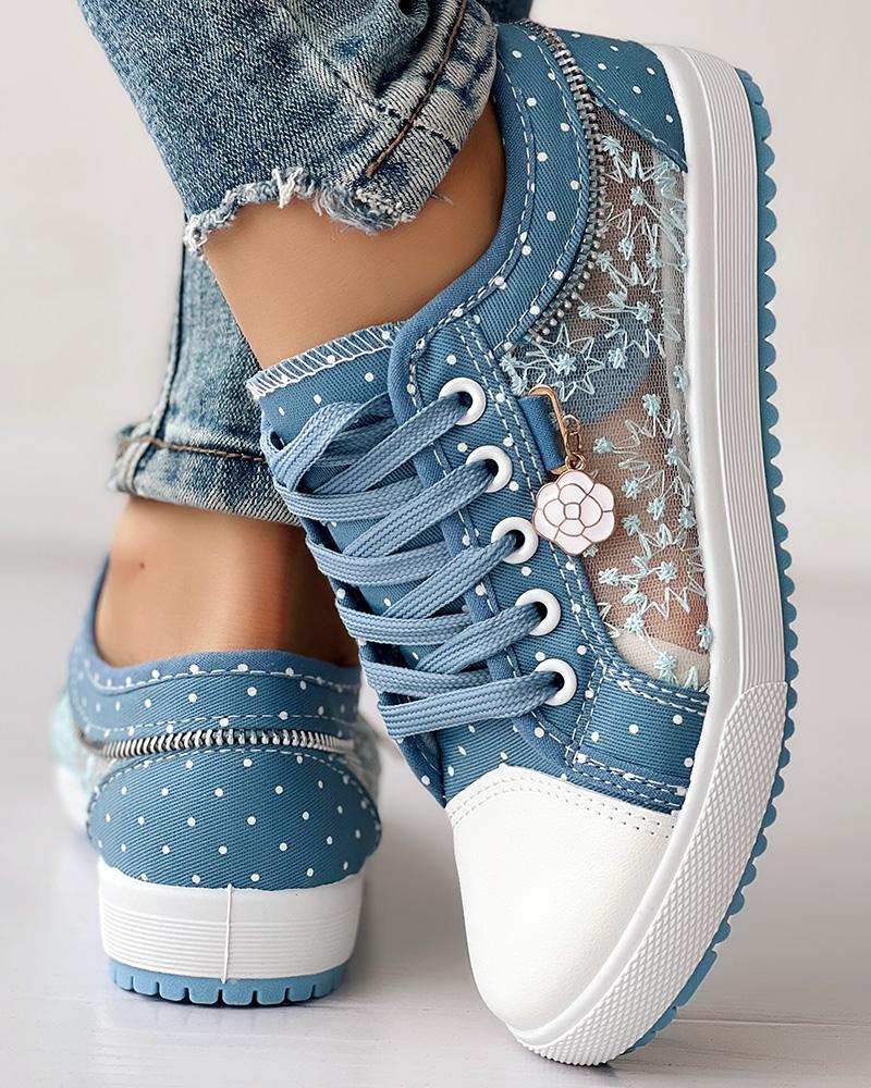 Calista | Denim-Sneaker zum Schnüren – Atmungsaktives Mesh-Design mit Blumenmuster