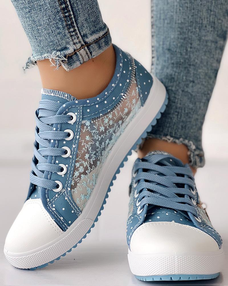 Calista | Denim-Sneaker zum Schnüren – Atmungsaktives Mesh-Design mit Blumenmuster