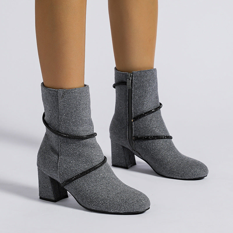 Ortho Welt Mid-Heel Boots With Rhinestone Chain - Unique And Elegant