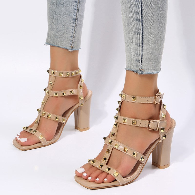Ortho Welt Rivet Sandals With Square Heels - Gladiator Elegance