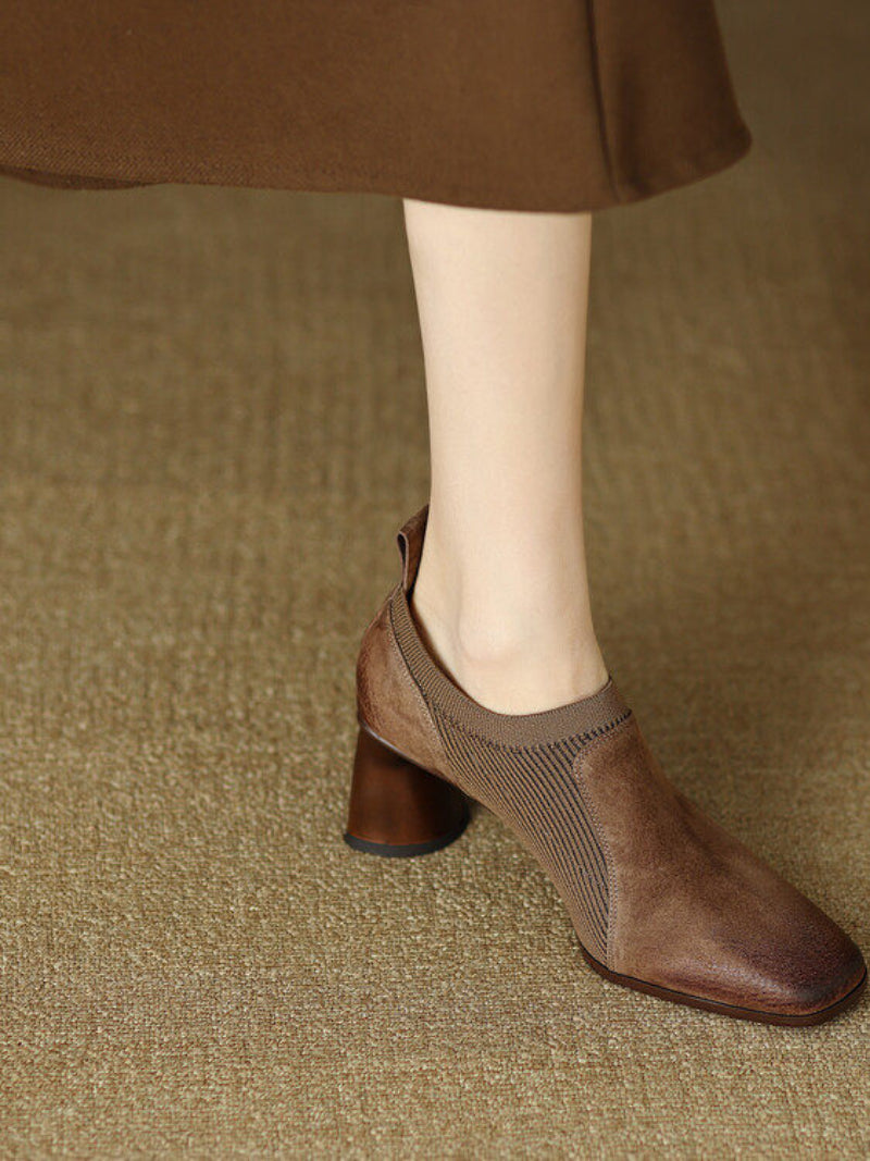 Ortho Welt Square High Leather Heels With A Unique Patchwork Design
