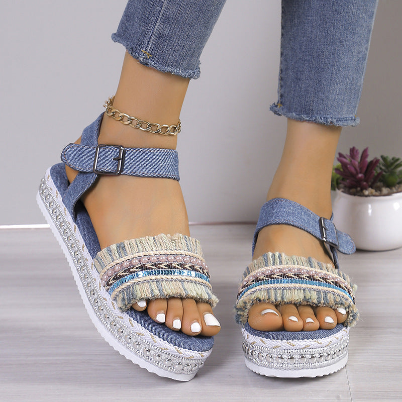 Ortho Welt Denim Sandals With Fringe, Ethnic And Unique Style For Summer