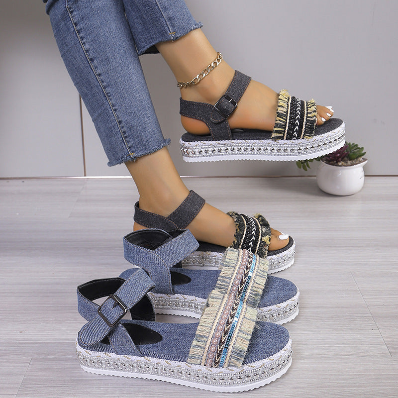 Ortho Welt Denim Sandals With Fringe, Ethnic And Unique Style For Summer