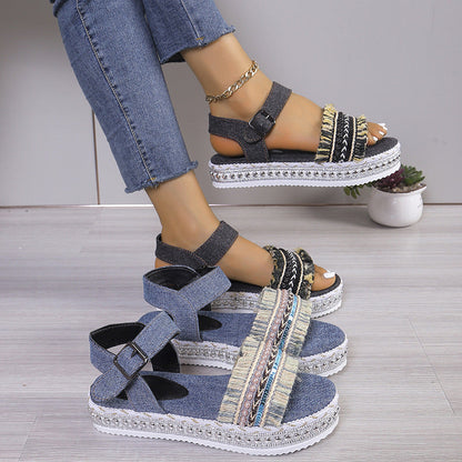 Ortho Welt Denim Sandals With Fringe, Ethnic And Unique Style For Summer