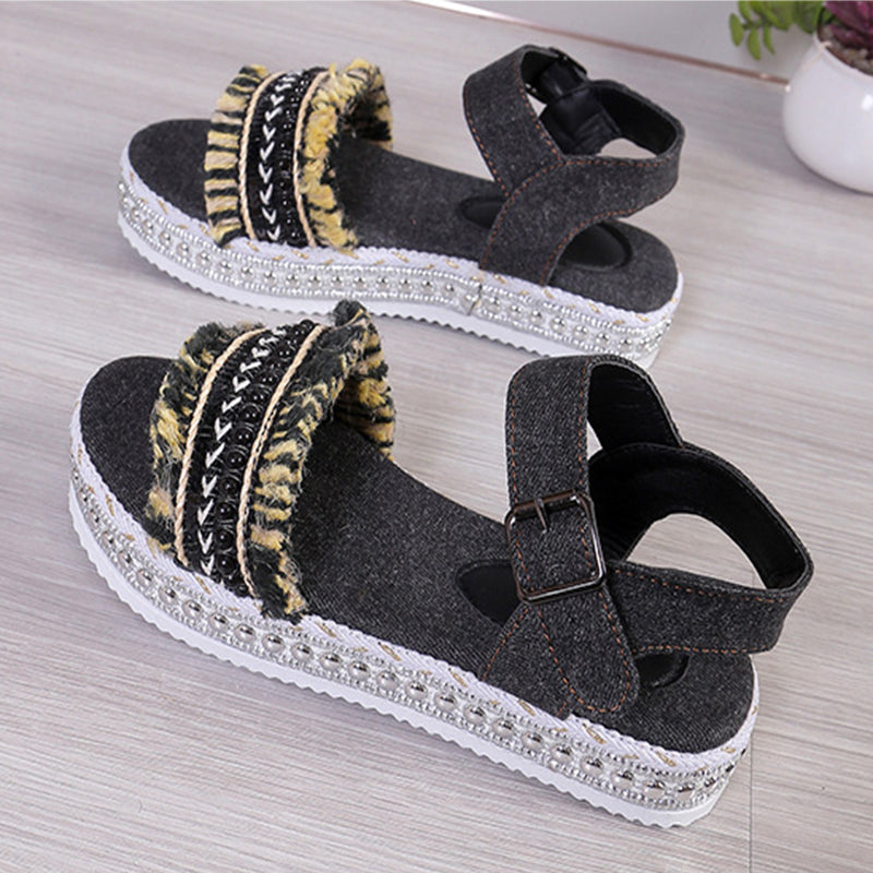 Ortho Welt Denim Sandals With Fringe, Ethnic And Unique Style For Summer