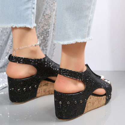 Ortho Welt Summer Chunky Heel Sandals With Sequins And Velcro